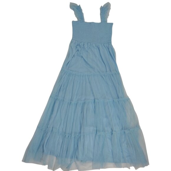 Trixxi Blue Maxi Dress, Ruffled Straps, Smocked Bodice, Size L, Polyester Mesh. - Picture 2 of 7